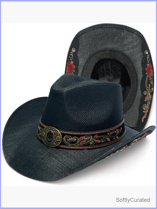 Western Straw Cowboy Hat with Decorative Band Unisex Wide Brim Sun Hat main image 6
